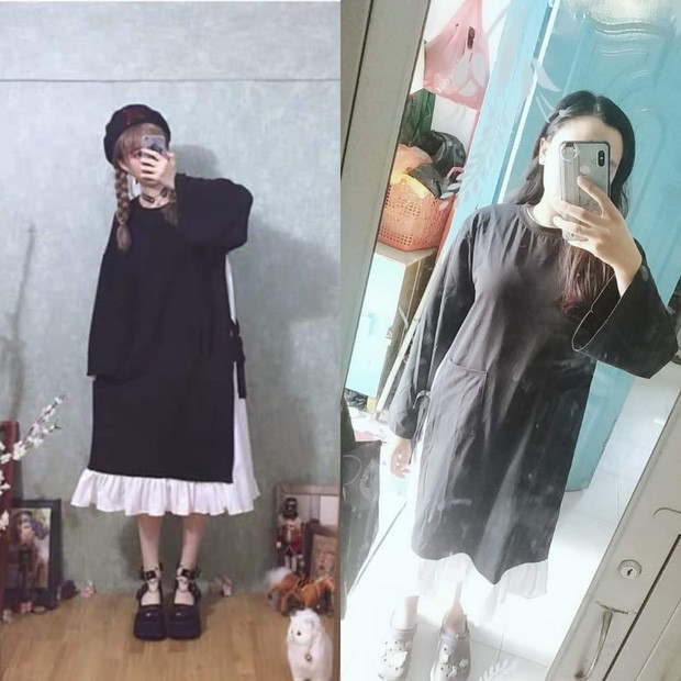 Trong khi chiếc váy trong hình cửa hàng chụp đẹp đẽ, mang đậm phong cách Hàn Quốc thì sản phẩm thật khiến ai nấy đều khóc thét vì như khoác một tấm vải nhăn nhúm, xấu xí lên người.