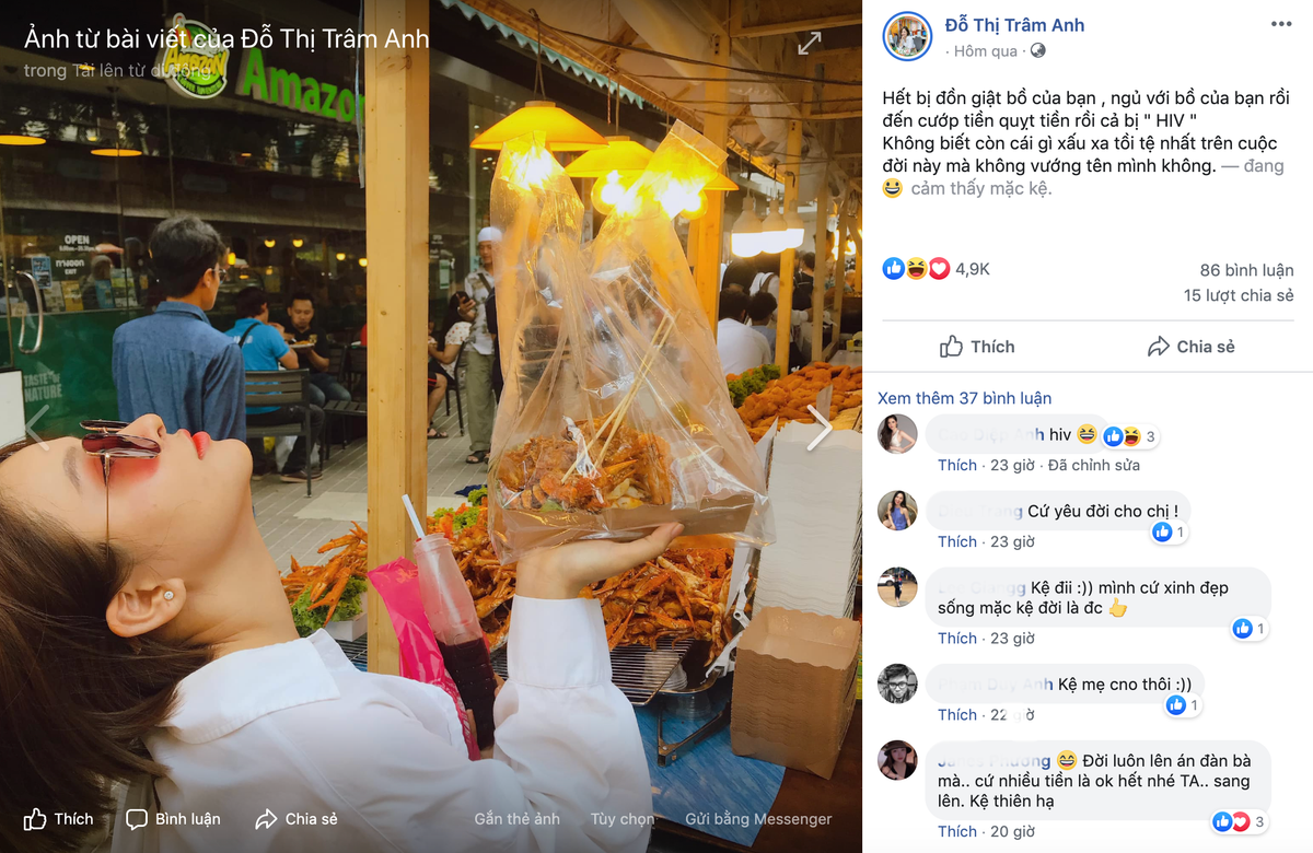 Thế nhưng mới đây, khi vướng phải tin đồn nhiễm HIV, Trâm Anh đã không giấu nổi bức xúc mà lên mạng xã hội đính chính, than thở. Cô viết: "Hết bị đồn giật bồ của bạn, ngủ với bồ của bạn rồi đến cướp tiền quỵt tiền rồi cả bị HIV. Không biết còn cái gì xấu xa tồi tệ nhất trên cuộc đời này mà không vướng tên mình không".