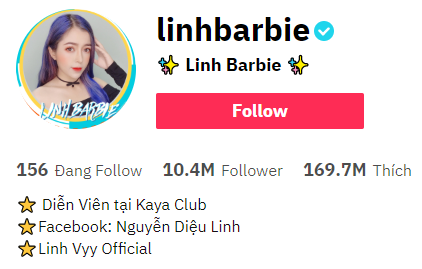 Dựa vào số liệu thống kê của Tik Tok gần đây, Linh Barbie trở thành người đầu tiên ở nước ta sở hữu tài khoản hơn 10 triệu lượt theo dõi.