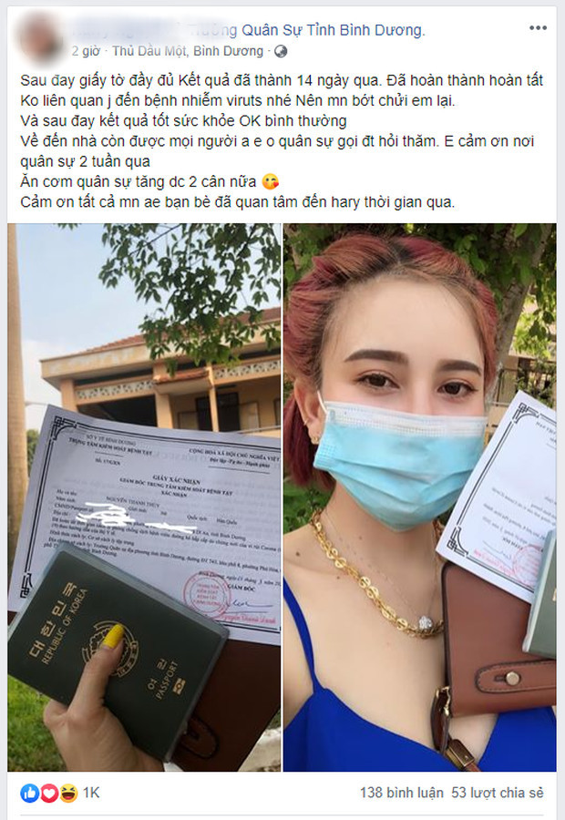 Mới đây, trên trang cá nhân của cô gái livestream trốn cách ly Covid-19 khi trở về từ Hàn Quốc thông báo bản thân đã được trở về nhà sau 14 ngày bị cách ly đi với kết quả âm tính virus. Cụ thể, cô nàng viết lên trang cá nhân của mình: "Đã hoàn thành. Không liên quan đến bệnh nhiễm virus nên mọi người bớt chửi em lại. Kết quả tốt, sức khỏe bình thường".