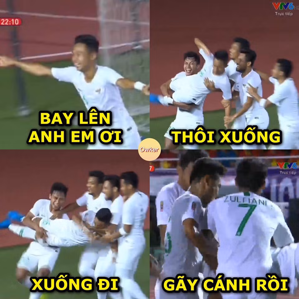 Các cầu thủ Indonesia trong pha ăn mừng hơi lố khi mở tỉ số, dẫn trước đội tuyển U22 Việt Nam. Thậm chí HLV của Indonesia còn quỳ xuống hôn sân cỏ mà không ngờ rằng ở hiệp 2, các học trò của HLV Park Hang-seo phản công vô cùng mạnh mẽ.