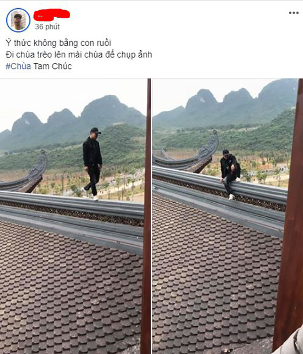Mới đây, nhiều người dùng mạng xã hội đồng loạt chia sẻ tấm hình một nam thanh niên thản nhiên trèo lên mái ngói của chùa Tam Chúc, đi đi lại lại, tạo dáng để chụp ảnh sống ảo. Đây là dịp đi lễ đầu năm nên lượng người tới chùa rất đông, lợi dụng việc quản lý lỏng lẻo, người này không hề e ngại thực hiện hành động lố lăng.