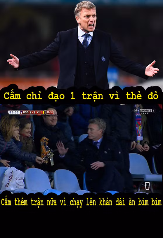 Một án phạt chắc chắn sẽ làm nhiều người phì cười khi HLV David Moyes của Real Sociedad bị cấm chỉ đạo 2 trận do nhận thẻ đỏ và chạy lên khán đài ăn bim bim.