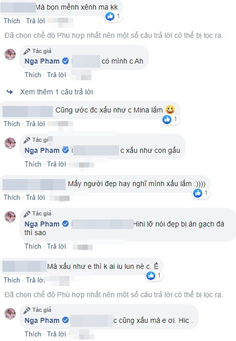 Bên dưới phần bình luận, nhiều bạn bè, người quen của Mina Phạm cho biết cô nàng không hề xấu, "Chị ước chị xấu như em", "Người đẹp hay nghĩ mình xấu lắm",...thế nhưng vợ Minh Nhựa vẫn một mực khẳng định bản thân sở hữu nhan sắc kém xinh.