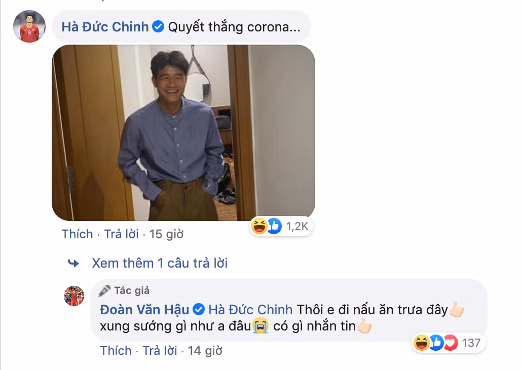 Bên dưới phần bình luận, nhiều cầu thủ trong đội hình tuyển quốc gia như Đức Chinh, Đình Trọng ngay lập tức xuất hiện, cổ vũ tinh thần đàn em vượt qua dịch Covid-19.