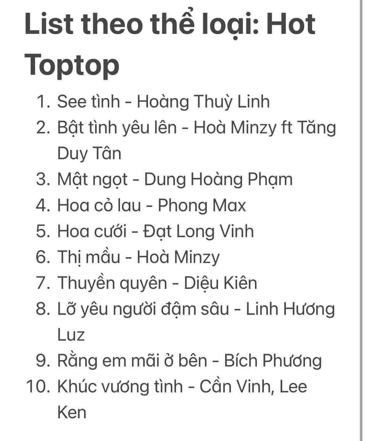 Các bài hát được chia theo thể loại.