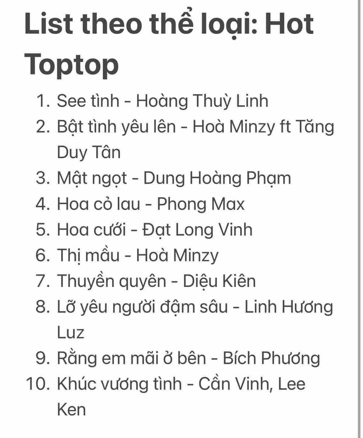 Các bài hát được chia theo thể loại.