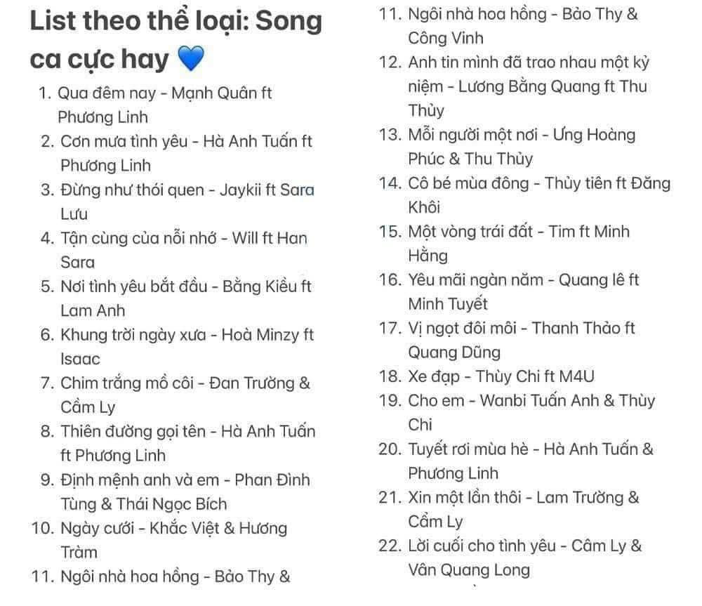 List bài hát song ca.