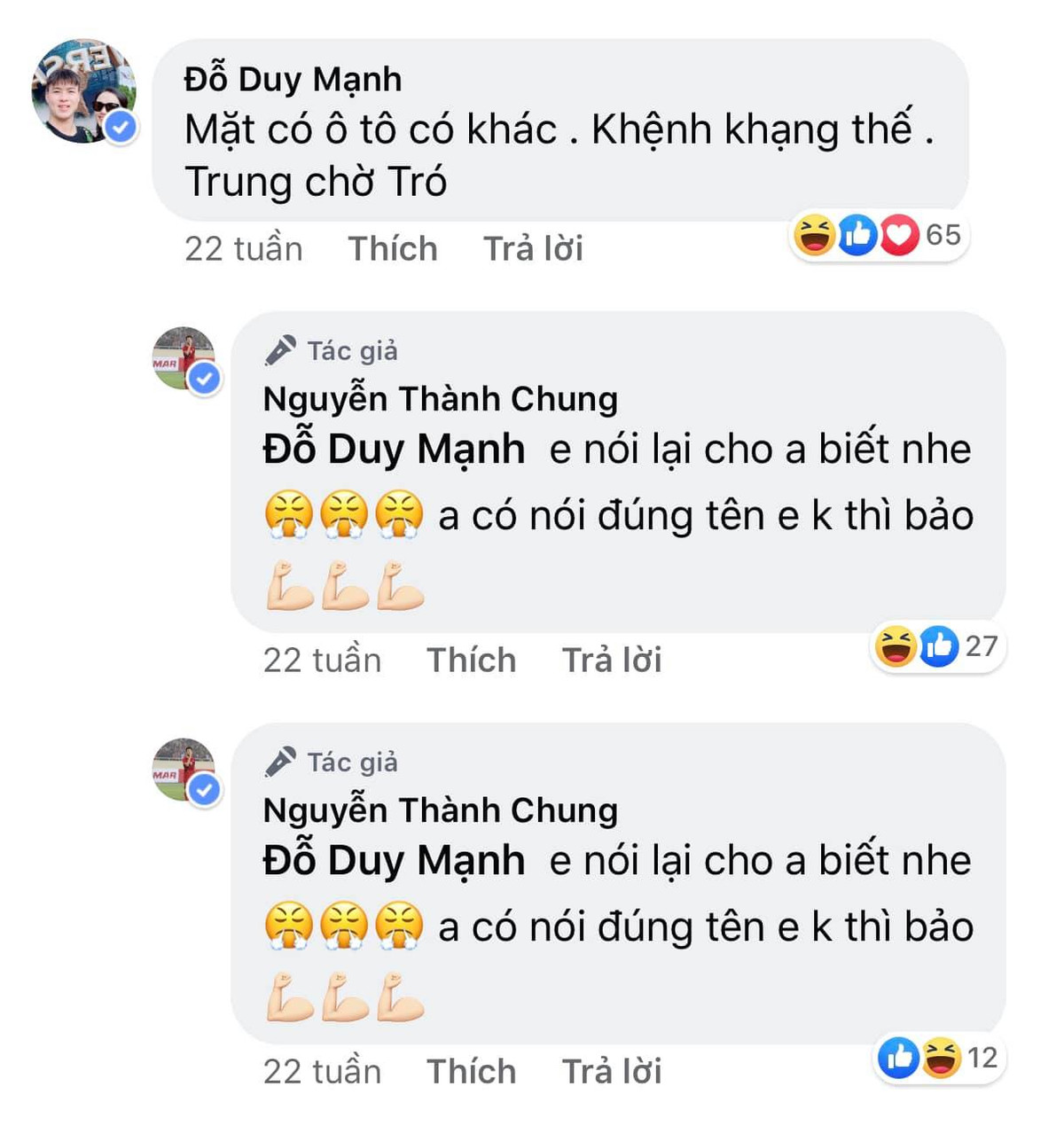 Những điều quan trọng thì phải nhắc đi nhắc lại. Đáp lại những câu trêu đùa cực kỳ quá đáng, Thành Chung phản kháng rất yêu ớt và đầy vẻ bất lực.