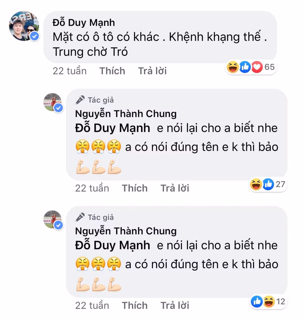 Những điều quan trọng thì phải nhắc đi nhắc lại. Đáp lại những câu trêu đùa cực kỳ quá đáng, Thành Chung phản kháng rất yêu ớt và đầy vẻ bất lực.