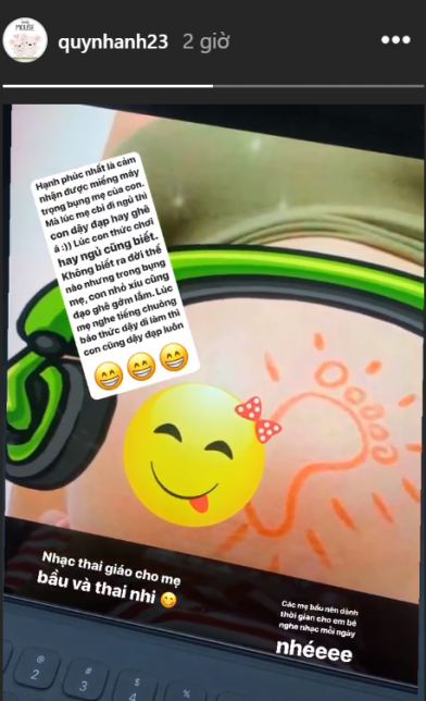 Nàng WAG khoe bụng bầu khá lớn dù mới làm đám cưới được 3 tháng. Cô cho biết dành nhiều thời gian nghe nhạc, uống thực phẩm bổ sung dưỡng chất cho con.