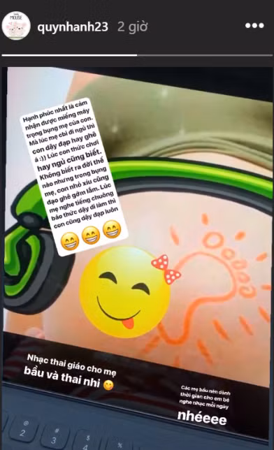 Nàng WAG khoe bụng bầu khá lớn dù mới làm đám cưới được 3 tháng. Cô cho biết dành nhiều thời gian nghe nhạc, uống thực phẩm bổ sung dưỡng chất cho con.