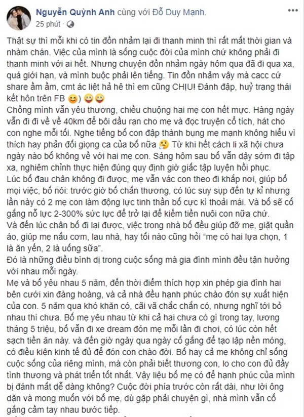 Sau 1 ngày im lặng, vợ Duy Mạnh cũng đã chính thức lên tiếng trên trang cá nhân. Cô cho biết cặp đôi vẫn đang hạnh phúc bên nhau, cùng chờ đón con chào đời chứ không hề có chuyện cãi vã chứ đừng nói là "đi đường quyền".