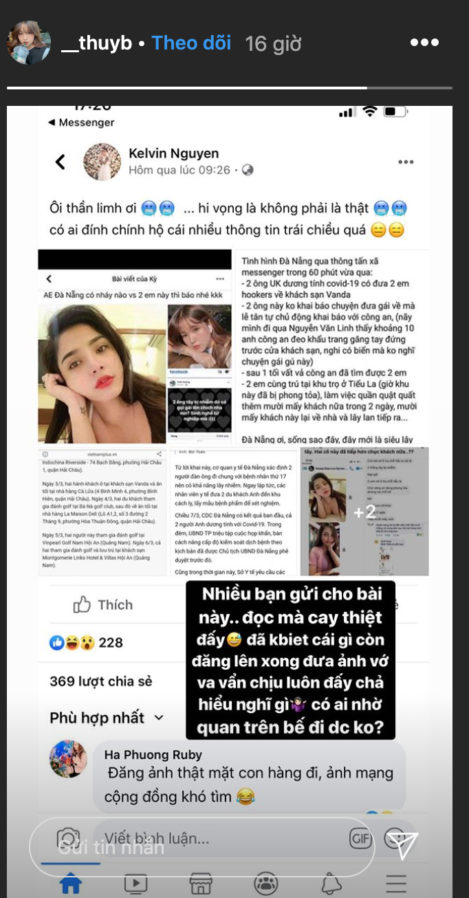 Mới đây, Nguyễn Thanh Thủy - được dân mạng đặt biệt danh "hot girl 1m52" bức xúc lên tiếng về việc cô bị cho là đã tiếp xúc với 2 bệnh nhân Covid-19 là du khách người Anh có xét nghiệm dương tính tại Đà Nẵng.