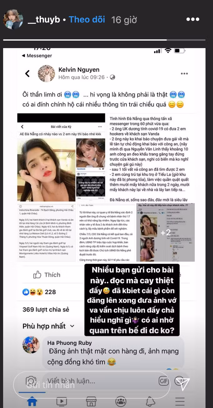 Mới đây, Nguyễn Thanh Thủy - được dân mạng đặt biệt danh "hot girl 1m52" bức xúc lên tiếng về việc cô bị cho là đã tiếp xúc với 2 bệnh nhân Covid-19 là du khách người Anh có xét nghiệm dương tính tại Đà Nẵng.