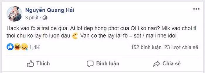 Hacker đăng những tin nhắn của tiền vệ ĐTQG Việt Nam và một người anh thân thiết lên mạng xã hội với những lời lẽ vô cùng khó hiểu.