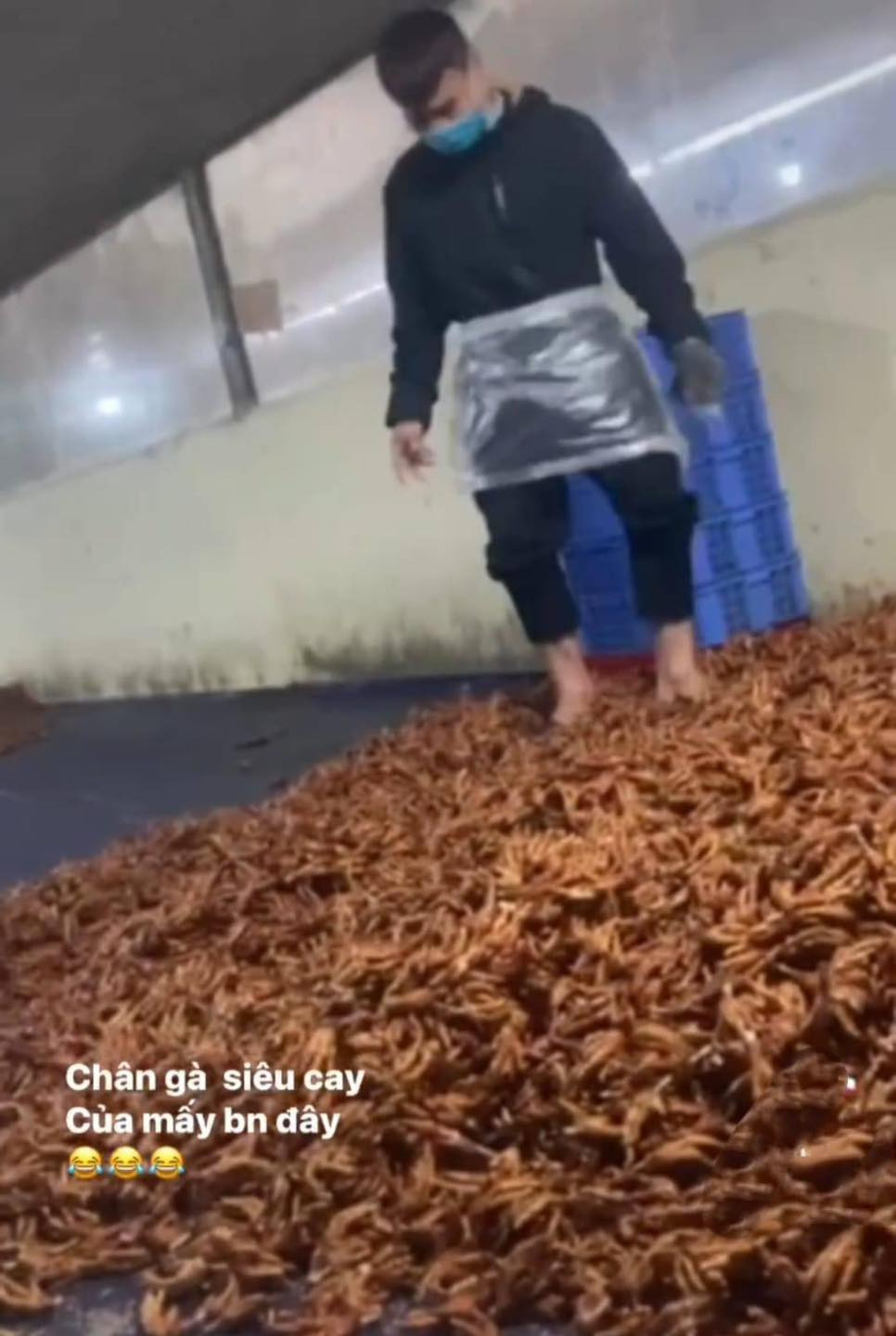 Hình ảnh được cắt từ một clip được lan truyền trên mạng xã hội. Theo đó đống chân gà được chất la liệt, một người đàn ông mang cả dép dẫm lên đống chân gà đó.