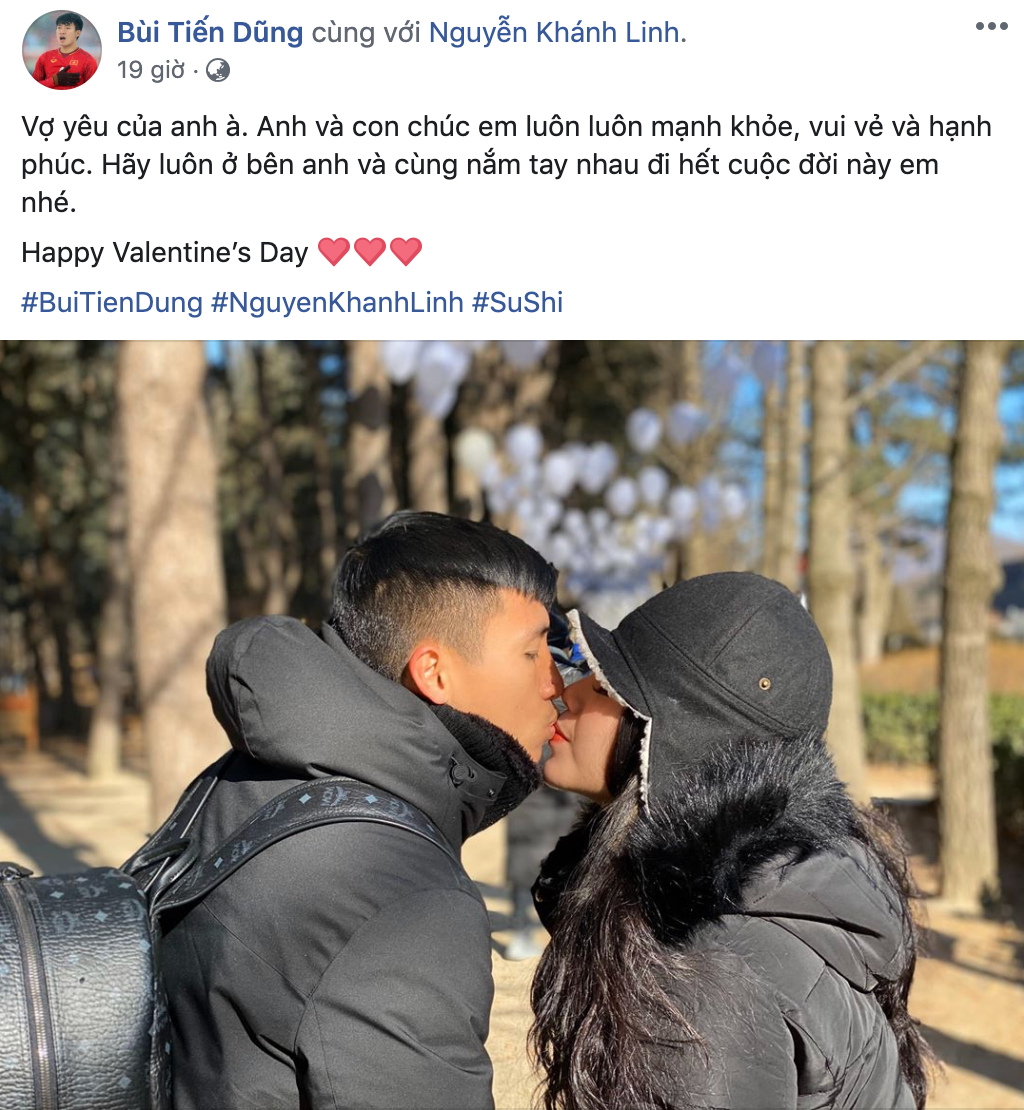 Không kém anh, kém em, trung vệ Bùi Tiến Dũng cũng dành cho vợ những lời cực ngọt ngào dịp lễ tình nhân.