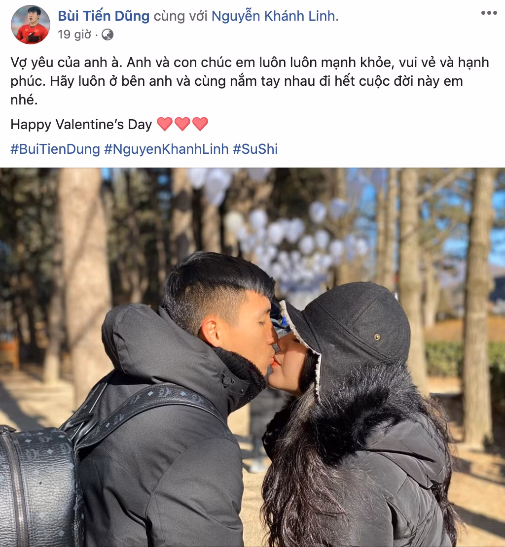 Không kém anh, kém em, trung vệ Bùi Tiến Dũng cũng dành cho vợ những lời cực ngọt ngào dịp lễ tình nhân.