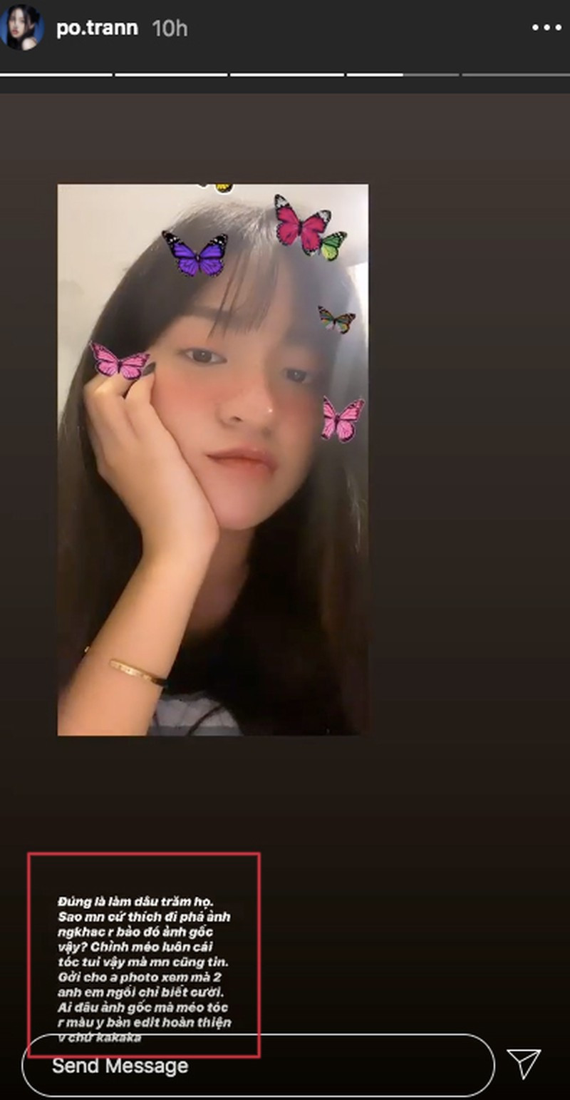 Ngay khi nhận phản hồi trái chiều, Thanh Tâm đã lên tiếng. Cô viết trên trang cá nhân: "Đúng là làm dâu trăm họ, sao mọi người cứ thích đi phá ảnh của người khác rồi bảo đó là ảnh gốc vậy? Chỉnh méo luôn cái tóc của tôi như vậy mà mọi người cũng tin".