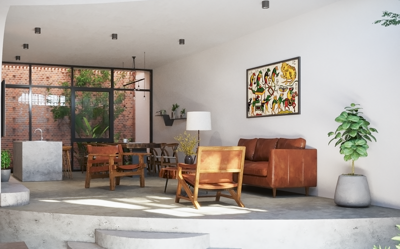 Màu nâu của bộ bàn ghế trở thành bộ đôi hoàn hảo với màu sắc tường gạch nung.