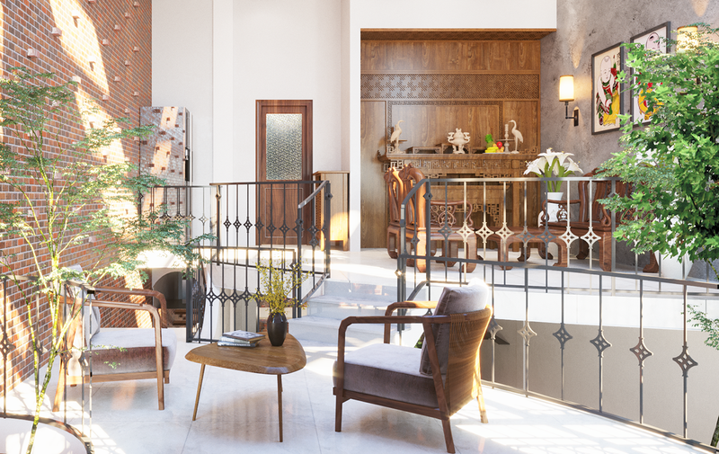 Một phòng thờ trang nghiêm nhìn ra khoảng giếng trời, đặt ngay trung tâm của ngôi nhà.