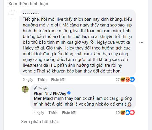 Ở dưới những hình ảnh cô nàng mặc bikini, một số fan của cô nàng đã bày tỏ sự thất vọng khi cô nàng quá chăm chỉnh up ảnh khoe thân mình, không có nhiều nội dung hấp dẫn. Đáp lại, Phạm Như Phương thẳng thắn: "Mình thấy bạn cũng chả làm được cái gì giống mình hết á, giỏi nhất là việc dùng nick ảo để comment á".