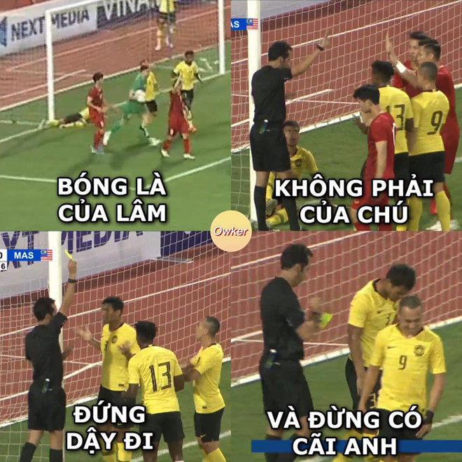 NHM đội tuyển Việt Nam chế ảnh từ khoảnh khắc lộn xộn trước khung thành của thủ môn Văn Lâm ở phút thứ 10. Ảnh: Fandom Owker.