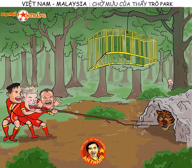 Cũng có những bức vẽ dí dỏm minh hoạ các cầu thủ đội tuyển Việt Nam và HLV Park Hang-seo được CĐM chia sẻ với tốc độ chóng mặt trước khi trận đấu trên SVĐ Mỹ Đình diễn ra.. Ảnh: An Thắng.