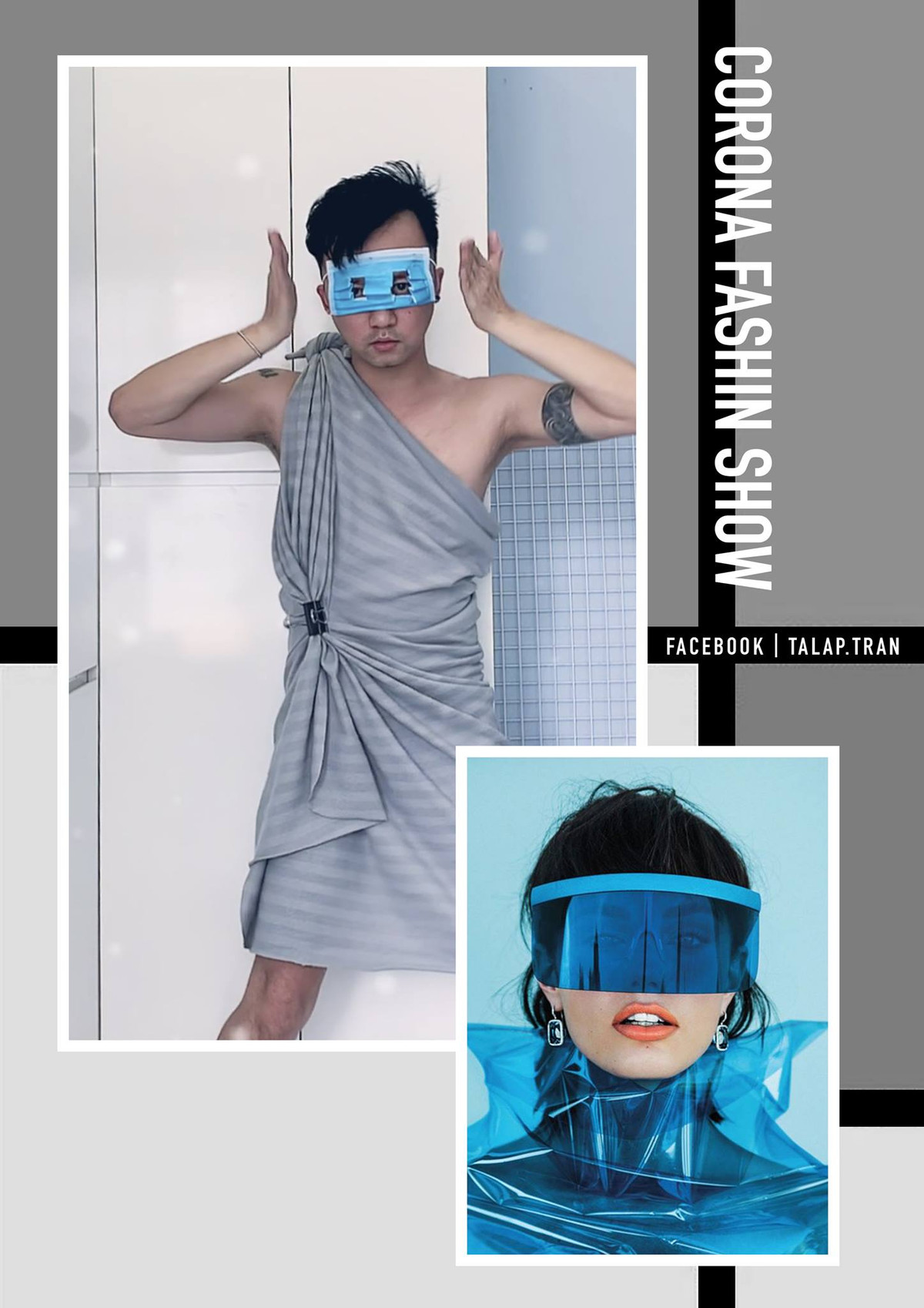 Trong đoạn video đăng tải trên mạng xã hội, anh chàng một mình trình diễn show thời trang mang tên "Corona Fashion Week". Show diễn cũng được "đầu tư" khá đơn giản chỉ vỏn vẹn một chiếc chăn nhỏ và khẩu trang.