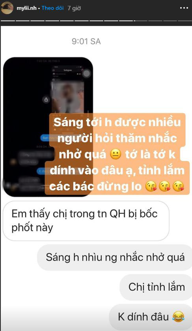 Sau hot girl Thảo Nguyễn lên tiếng, mới đây một "bạn gái tin đồn" khác là Linh Mỹ Dương cũng đăng tải status đính chính. "Sáng tới giờ được nhiều người hỏi thăm nhắc nhở quá. Tớ là tớ không dính vào đâu ạ. Tỉnh lắm các bác đừng lo", cô nàng chia sẻ trên Instagram cá nhân.