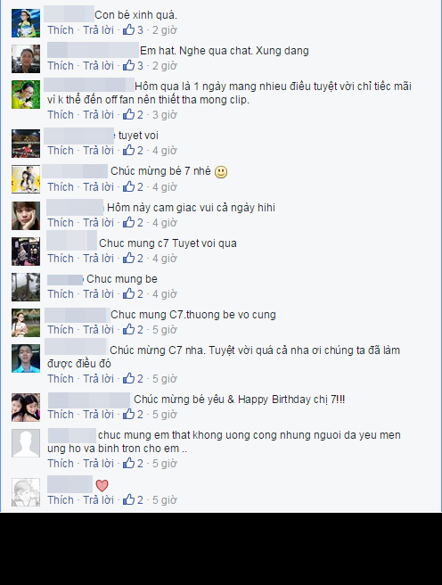 Những dòng chúc mừng như được nối dài thêm trên Facebook của cô ca sĩ 7 tuổi này.