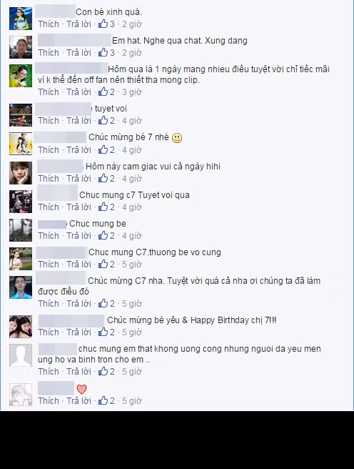 Những dòng chúc mừng như được nối dài thêm trên Facebook của cô ca sĩ 7 tuổi này.