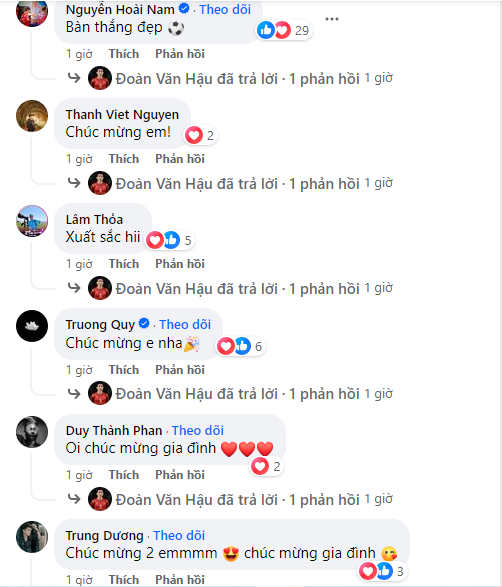 Ở dưới bài đăng của Đoàn Văn Hậu, nhiều bạn bè và người quen đã vào gửi lời chúc mừng khi cặp đôi thành công "săn rồng vàng".