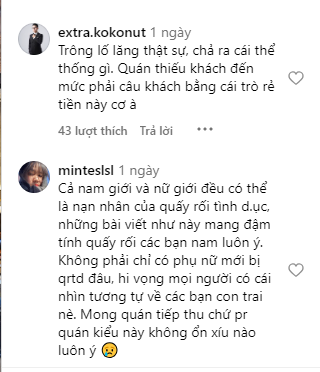 "Trông lố lăng thực sự, chả ra cái thể thống gì. Quán thiếu khách đến mức phải câu khách bằng cái trò rẻ tiền này cơ à" - Một chủ tài khoản bình luận dưới bài đăng