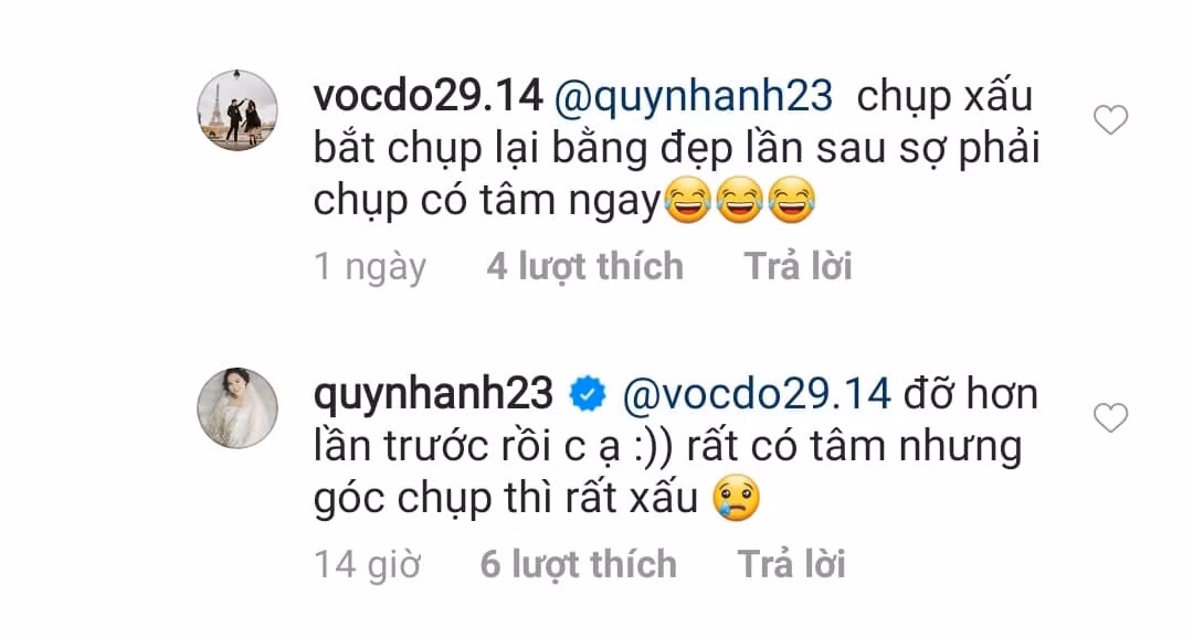 Có lẽ mỗi anh chồng đều sẽ có vài lần khốn khổ với việc chụp ảnh cho vợ, đôi lúc để bà xã có được bức ảnh ưng ý để đăng lên sống ảo còn khó hơn "lên trời", có lẽ Duy Mạnh cũng là một trong số đó. Quỳnh Anh trả lời bình luận của người chị em thân thiết Vóc Đỗ rằng: "Đỡ hơn lần trước rồi chị ạ, có tâm nhưng góc chụp thì rất xấu". Cô nàng có vẻ vẫn chưa tâm đắc lắm dù bức ảnh nhận được hàng nghìn lượt thích.