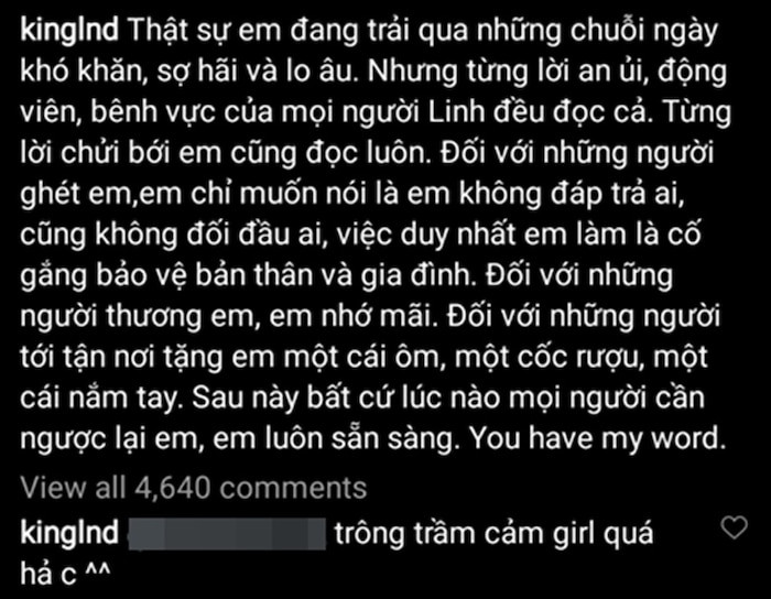 "Em đang trải qua những chuỗi ngày khó khăn, sợ hãi và lo âu. Nhưng từng lời an ủi, động viên, bênh vực của mọi người Linh đều đọc cả. Từng lời chửi bới em cũng đọc luôn..."