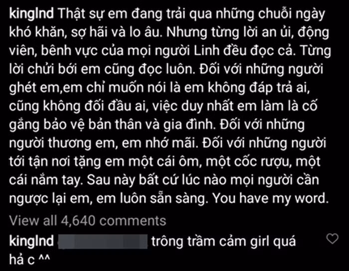 "Em đang trải qua những chuỗi ngày khó khăn, sợ hãi và lo âu. Nhưng từng lời an ủi, động viên, bênh vực của mọi người Linh đều đọc cả. Từng lời chửi bới em cũng đọc luôn..."