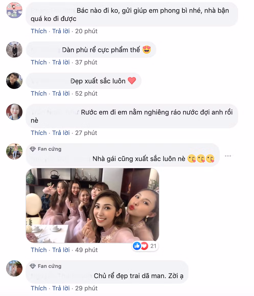 Nhan sắc của chú rể Ông Cao Thắng và dàn phù dâu, phù rể được cộng đồng mạng hết lời khen ngợi. Nhiều người còn đùa rằng do bận việc không thể đi đám cưới nên nhờ người khác gửi phong bì hộ.