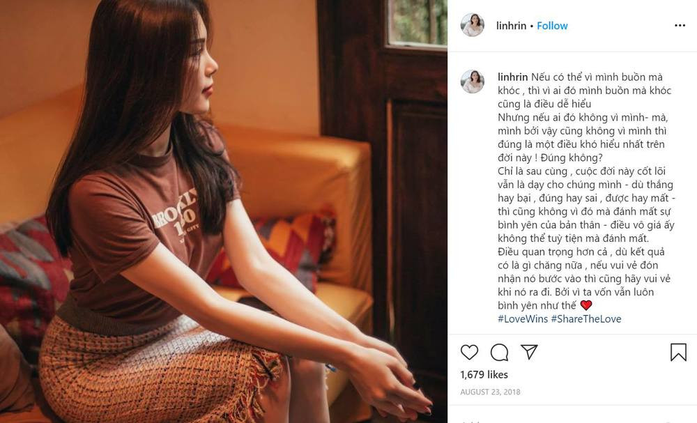 Cách đây không lâu, thông tin hot girl Linh Rin đã chia tay bạn trai giàu có xuất hiện khi cô nàng bất ngờ xóa sạch ảnh trên trang cá nhân. Tấm hình duy nhất cô để lại thể hiện tâm trạng buồn bã, mất niềm tin.