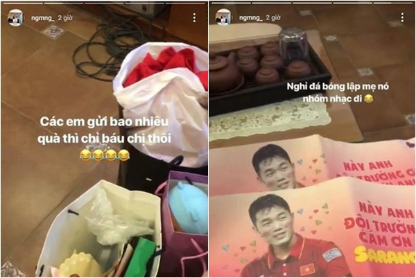 Cô nàng đăng ảnh đồ người hâm mộ tặng Xuân Trường lên trang cá nhân kèm với dòng trạng thái khinh thường: "Gửi bao quà thì chỉ báu chị thôi", "Nghỉ đá bóng lập nhóm nhạc đi",....