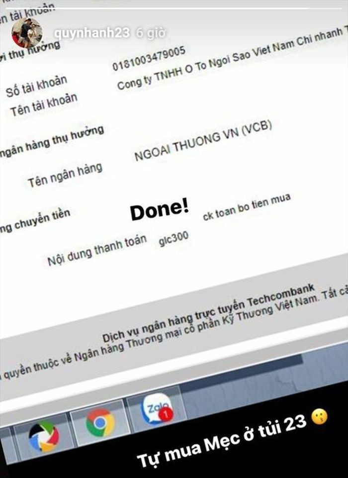 Mới đây, trên trang cá nhân, Quỳnh Anh khoe vừa hoàn tất việc chuyển khoản toàn bộ tiền mua chiếc xe Mercedes GLC 300 và số tiền này là do bạn gái trung vệ Duy Mạnh tự kiếm được chứ không hề xin gia đình. Hiện nay, giá một chiếc Mercedes GLC 300 rơi vào khoảng 2,2 tỷ đồng.