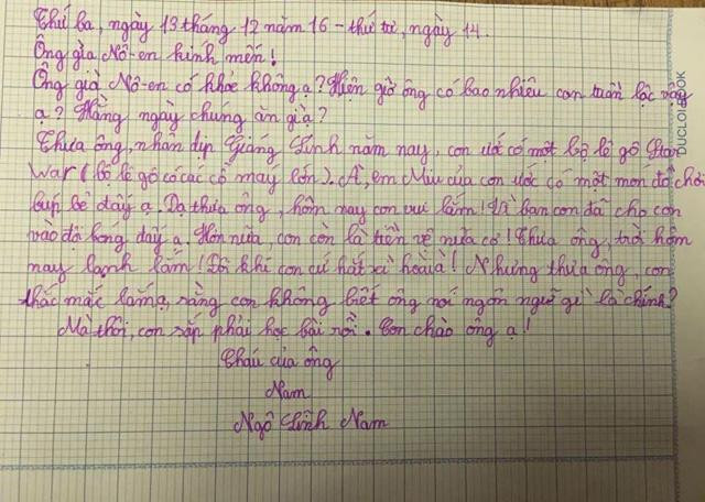 Dù không biết ông già Noel có hiểu tiếng Việt hay không nhưng cậu bé tên Nam vẫn mong muốn dịp Giáng sinh có được món quà là bộ xếp hình và còn tranh thủ xin cho cô em gái một món đồ chơi búp bê. Đúng là một cậu bé thương em.