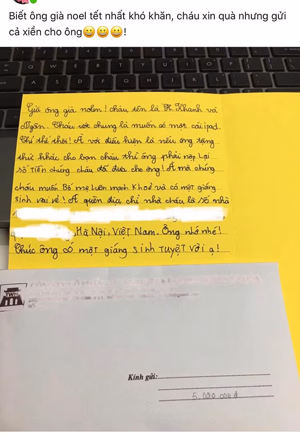 Mơ ước một chiếc ipad, cô bé còn gửi tiền cho ông già Noel để đi mua, đúng là một cô bé sòng phẳng, thậm chí còn lém lỉnh cho biết nếu tặng thứ khác thì phải trả lại tiền khiến ai đọc cũng phải bật cười.