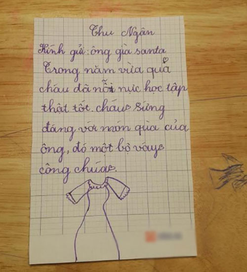 Mong muốn nhận được một chiếc váy đúng ý trong dịp Noel, cô bé cẩn thận vẽ luôn hình minh hoạ để khỏi nhầm lẫn.