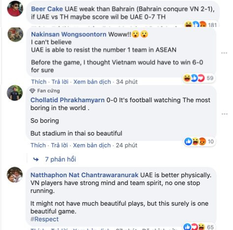Sau trận tuyển U23 Việt Nam hoà U23 UAE với tỷ số 0-0, nhiều cổ động viên Thái Lan cũng có những bình luận không mấy hay ho trên fanpage của VCK U23 Châu Á 2020. Họ cho rằng các cầu thủ áo đỏ quá kém khi không có được một bàn thắng nào và đây thật sự là một trận đấu nhàm chán nhất mà họ từng xem.