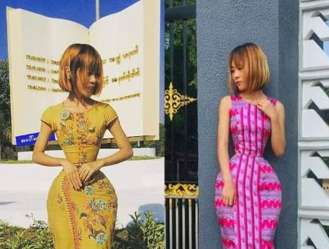 Trang phục nào của cô nàng này cũng được bó eo để tôn lên vòng 2 siêu nhỏ. (Ảnh: Facebook)