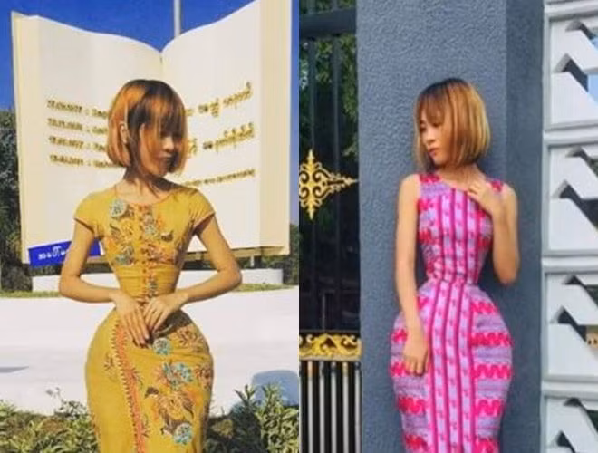 Trang phục nào của cô nàng này cũng được bó eo để tôn lên vòng 2 siêu nhỏ. (Ảnh: Facebook)