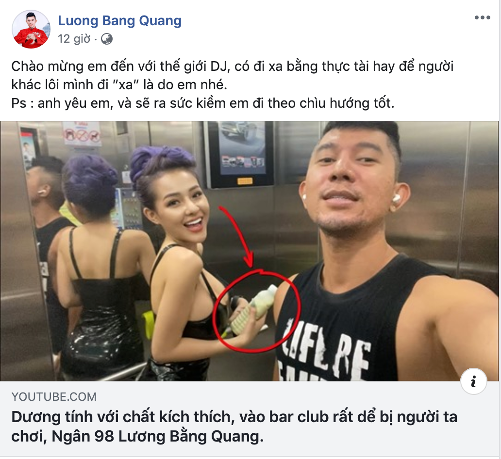 Mới đây, trên kênh Youtube cá nhân, Lương Bằng Quang bất ngờ đăng tải video với tiêu đề: "Dương tính với chất kích thích, vào bar club rất dễ bị người ta chơi, Ngân 98 Lương Bằng Quang" thu hút sự quan tâm của cộng đồng mạng.