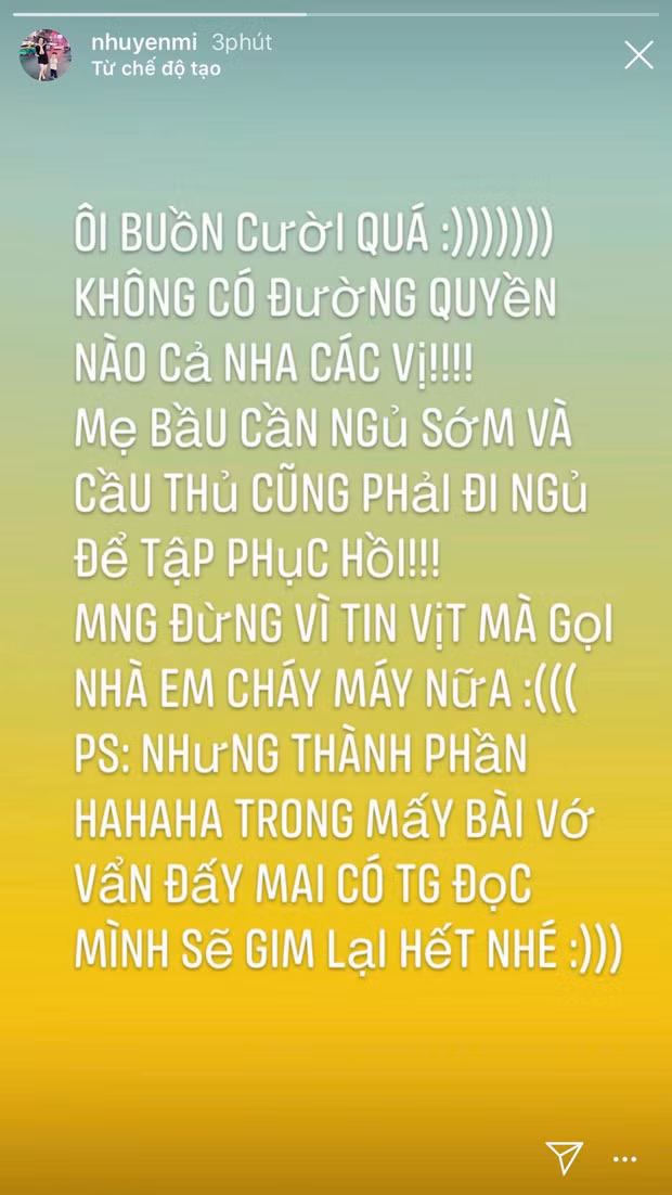 Dù hai nhân vật chính không lên tiếng, nhưng chị Quỳnh Anh là Huyền My đã đăng tải trạng thái đính chính trên trang cá nhân. Cô cho biết không hề có "đường quyền" nào, tất cả chỉ là tin đồn nhảm.